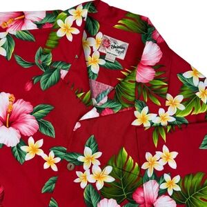 Hilo Hattie Aloha Shirt Mens L Red Hibiscus Plumeria Floral Cotton Hawaii USA
